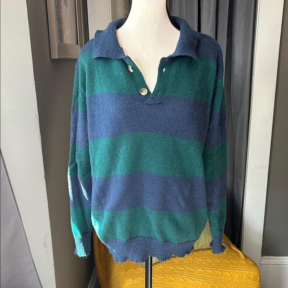 ROMWE Oversized Blue and Green V-Neck Collared Sweater - Picture 1 of 6